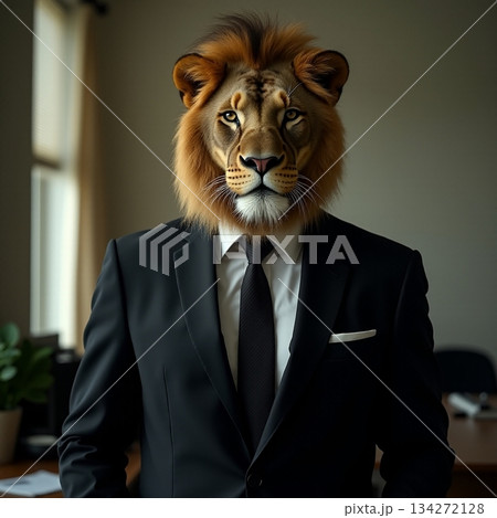 AI generated Fashionable lion wearing bespoke apparel is getting ready for upcoming 134272128