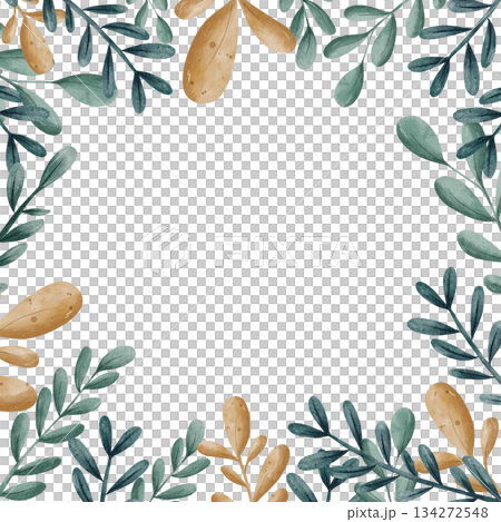 Watercolor botanical frame with green and ochre leaves on white background. Elegant hand-painted foliage border with copy space, perfect for invitations, cards, blogs and branding Watercolor botanical frame with green and ochre leaves on white background. Elegant hand-painted foliage border with copy space, perfect for invitations, cards, blogs and branding 134272548