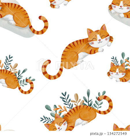 Cute watercolor seamless pattern with sleeping ginger cats and floral leaves on white background. Hand painted nursery animal illustration, perfect for kids textiles, wrapping paper and decor Cute watercolor seamless pattern with sleeping ginger cats and floral leaves on white background. Hand painted nursery animal illustration, perfect for kids textiles, wrapping paper and decor 134272549