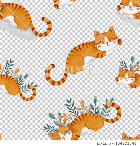 Cute watercolor seamless pattern with sleeping ginger cats and floral leaves on white background. Hand painted nursery animal illustration, perfect for kids textiles, wrapping paper and decor Cute watercolor seamless pattern with sleeping ginger cats and floral leaves on white background. Hand painted nursery animal illustration, perfect for kids textiles, wrapping paper and decor 134272549