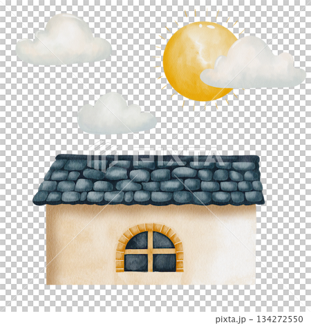 Watercolor cottage with brick wall and dark blue tile roof under sunny sky and clouds. White background. Storybook landscape illustration for kids room decor and nursery wall art, greeting cards Watercolor cottage with brick wall and dark blue tile roof under sunny sky and clouds. White background. Storybook landscape illustration for kids room decor and nursery wall art, greeting cards 134272550