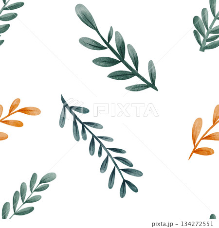 Seamless watercolor pattern of green and orange twigs with leaves. Botanical, autumnal design on white background for seasonal wallpaper and fabric. Hand-painted illustration for wrapping paper Seamless watercolor pattern of green and orange twigs with leaves. Botanical, autumnal design on white background for seasonal wallpaper and fabric. Hand-painted illustration for wrapping paper 134272551