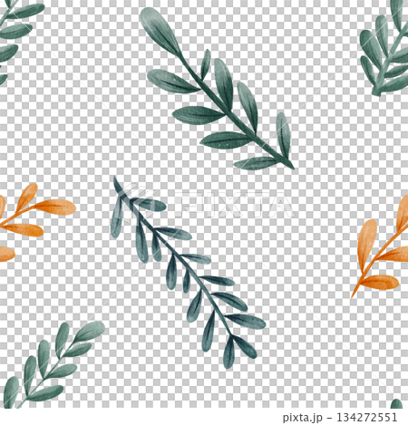 Seamless watercolor pattern of green and orange twigs with leaves. Botanical, autumnal design on white background for seasonal wallpaper and fabric. Hand-painted illustration for wrapping paper Seamless watercolor pattern of green and orange twigs with leaves. Botanical, autumnal design on white background for seasonal wallpaper and fabric. Hand-painted illustration for wrapping paper 134272551