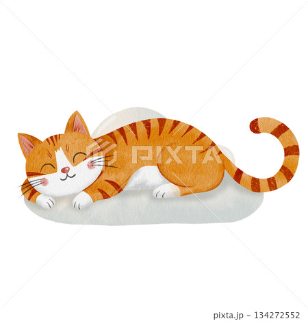 Cute watercolor illustration of sleeping ginger cat isolated on white background. Hand painted smiling kitten character, perfect for nursery design, children decor, prints, stickers, cozy pet themes 134272552