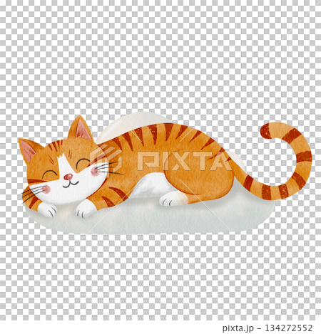 Cute watercolor illustration of sleeping ginger cat isolated on white background. Hand painted smiling kitten character, perfect for nursery design, children decor, prints, stickers, cozy pet themes Cute watercolor illustration of sleeping ginger cat isolated on white background. Hand painted smiling kitten character, perfect for nursery design, children decor, prints, stickers, cozy pet themes 134272552