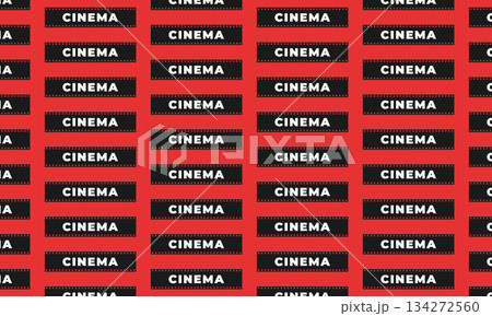 Seamless cinema pattern with film reel on red background, movie industry concept, classic film and entertainment wrapping paper design 134272560