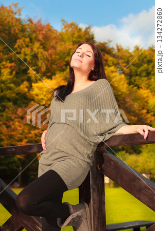 Relaxed calm pregnant woman in park outdoor Relaxed calm pregnant woman in park outdoor 134272860