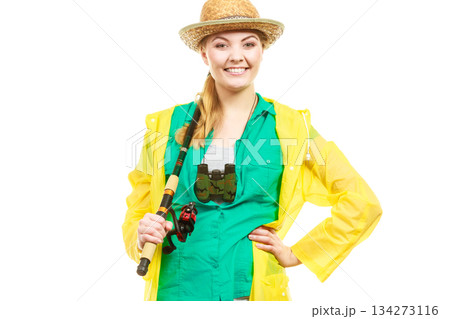 Woman with fishing rod, spinning equipment Woman with fishing rod, spinning equipment 134273116