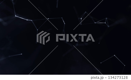 Minimal white data connection lines and dots forming abstract network structure in dark space. Clean futuristic background symbolizing technology, communication, artificial intelligence 134273128