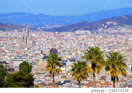 スペイン、バルセロナのムンジュイック城の展望デッキから望むバルセロナ市街の風景 スペイン、バルセロナのムンジュイック城の展望デッキから望むバルセロナ市街の風景 134273174