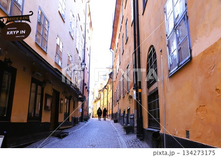 スウェーデン、ストックホルムの旧市街ガムラスタンの小道とその周辺の街並み 134273175