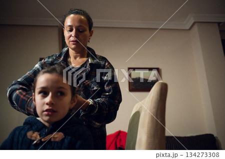Mother Styles Daughter's Hair at Home, Caring Moment During Quiet Morning Mother Styles Daughter's Hair at Home, Caring Moment During Quiet Morning 134273308