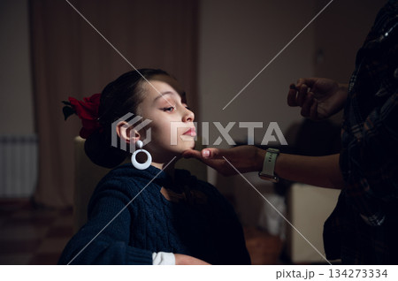 Young Girl With Red Flower In Hair Getting Ready For Performance And Portrait 134273334