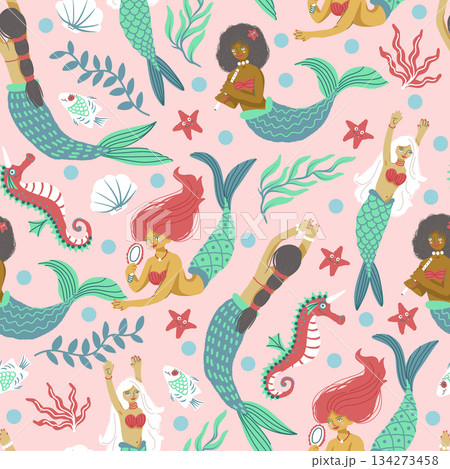 Seamless mermaid vector pattern with playful ocean elements, fantasy underwater girls and sea creatures 134273458
