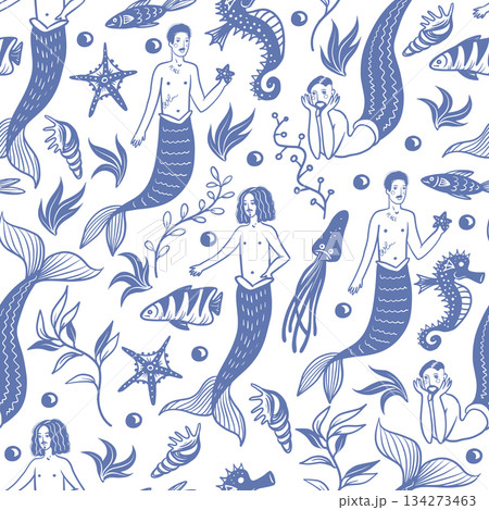 Mermaid man ocean fantasy pattern with sea creatures vector seamless nautical illustration design 134273463