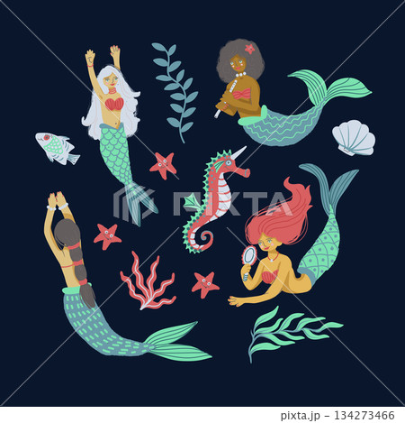 Mermaid isolated vector illustration set with ocean elements, playful characters, sea fantasy decor 134273466
