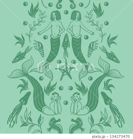 Mermaid man ocean fantasy border with sea creatures vector nautical illustration design 134273470