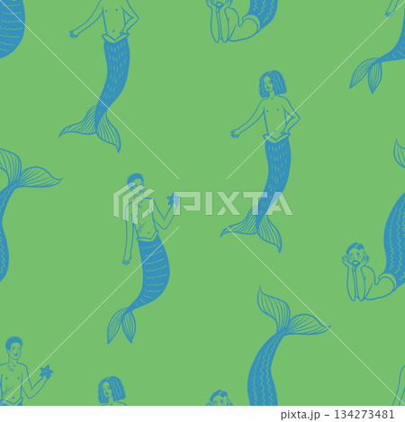 Mermaid man ocean fantasy pattern with sea creatures vector seamless nautical illustration design 134273481