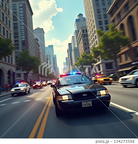 AI generated Rapid law enforcement patrol cars move through busy city streets early 134273588