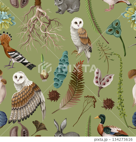 Rewild organic owl vector pattern with earthy moss root elements in raw seamless nature 134273616
