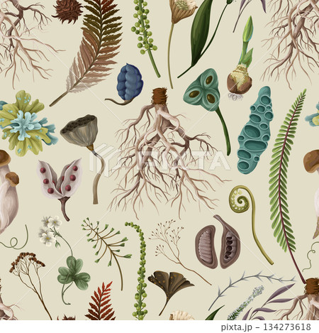 Rewild moss root organic soil earthy raw botanical elements eco seamless vector pattern design 134273618