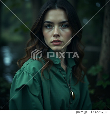 AI generated Contemplative woman standing beneath trees adorned with timeless vintage AI generated Contemplative woman standing beneath trees adorned with timeless vintage 134273790