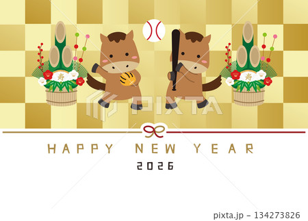 HAPPY NEW YEAR 年賀状2026 二刀流馬 金屏風 HAPPY NEW YEAR 年賀状2026 二刀流馬 金屏風 134273826