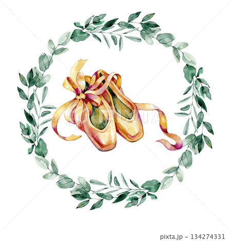 Elegant watercolor wreath with soft eucalyptus leaves framing delicate ballet shoes with long satin ribbons. A graceful and romantic composition perfect for invitations, dance-themed decor and Elegant watercolor wreath with soft eucalyptus leaves framing delicate ballet shoes with long satin ribbons. A graceful and romantic composition perfect for invitations, dance-themed decor and 134274331