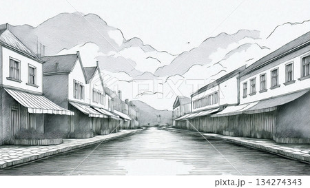 架空の街の商店街のペン画風イラスト 134274343