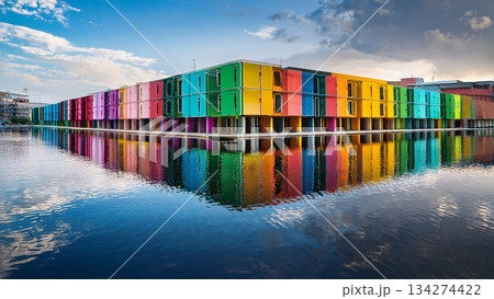 水辺のカラフルな街並みのイラスト 134274422