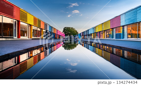 水辺のカラフルな街並みのイラスト 134274434