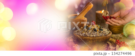 Authentic cultural food concept connected to Ukrainian Christmas celebration. Minimal composition leaves clear blank area for promotional or editorial use 134274496