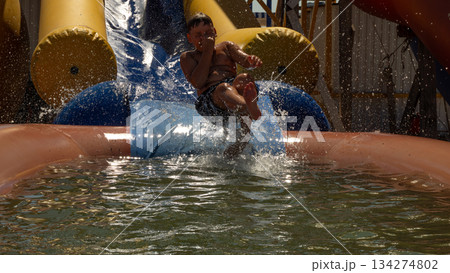 A child slides down an inflatable water slide into a pool, creating a huge splash. A boy enjoys summer by sliding down an inflatable water slide, making a big splash upon entering the pool. 134274802