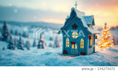クリスマスの夕焼けに染まる雪の中の小さな家 134275072