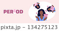 African American dark skin teenage girl, woman holding menstrual cup, panties and period calendar female menstruation period menstrual health banner 134275123