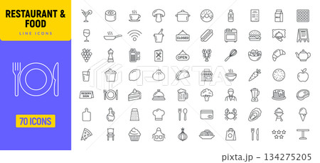 Restaurant food line icon set. Restaurant menu pizza beverage burger grill icons 134275205