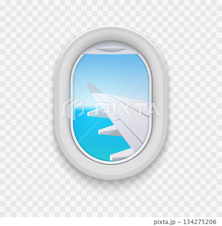 Travel airplane window wing. Flight view sky horizon aviation tourism vacation journey background. Travel airplane window wing. Flight view sky horizon aviation tourism vacation journey background. 134275206