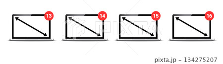 Laptop screen size monitor icon. Laptop diagonal inch notebook dimension. Display size design. 134275207