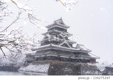 【お城素材】雪の降る冬の松本城【長野県】 134275297