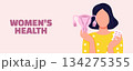 Women health illustration banner about menstruation, woman holding uterus on pink background, menstrual cycle and gynecology awareness concept 134275355