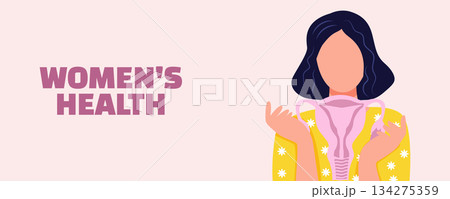 Women health illustration banner about menstruation, woman holding uterus and pain relief pills on pink background, period care and gynecology concept 134275359