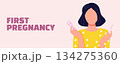 Women health illustration banner about first pregnancy, woman holding pregnancy tests on pink background, motherhood and prenatal care concept 134275360