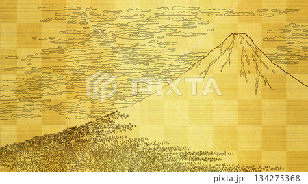 赤富士 浮世絵 金箔の屏風の背景 赤富士 浮世絵 金箔の屏風の背景 134275368
