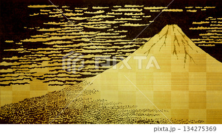 赤富士 浮世絵 金箔の屏風の背景 赤富士 浮世絵 金箔の屏風の背景 134275369