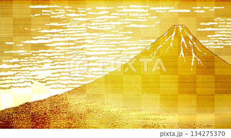 赤富士　浮世絵　金箔の屏風の背景 134275370