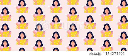 Seamless women health pattern about menstruation with woman holding sanitary pad and menstrual cup, period care choice illustration 134275401