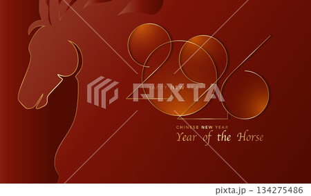 2026 Chinese New Year in red background. Year of the Horse. Vector modern art gold numbers design for cover, card, poster, banner, logo zodiac sign. Golden luxury template 2026 Chinese New Year in red background. Year of the Horse. Vector modern art gold numbers design for cover, card, poster, banner, logo zodiac sign. Golden luxury template 134275486