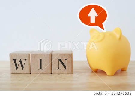 WINブロックと貯金箱で示す貯蓄アップと資産形成の成功。 134275538