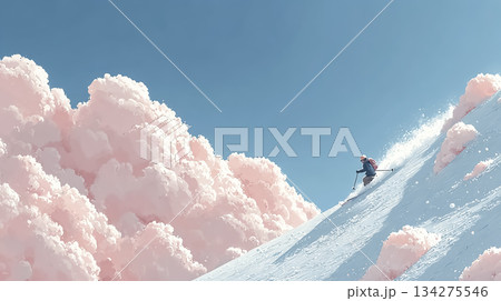 ピンクの雲に包まれた雪山で滑る女性スキーヤー｜幻想的な冬の観光風景 134275546