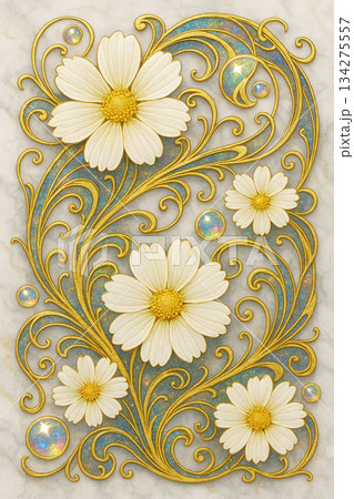 金色の装飾が流れる白い花のエレガント背景素材 134275557